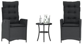 vidaXL 3 pcs conjunto de bistrô com almofadões vime PE preto