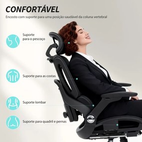 Cadeira de Escritório com Encosto Reclinável e Alto Suporte Lombar Transpirável Apoios de Braço 4D e Encosto de Cabeça Ajustável 67x74x113-132 cm Pret