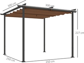 Pérgula de jardim para exterior 3x3 m com cobertura deslizante e retrátil em poliéster de alta densidade 180 g/m², abrigo solar UPF30+, castanho