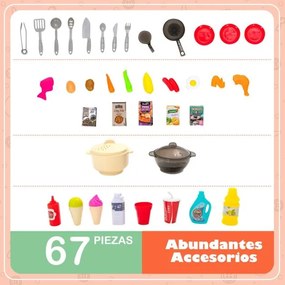 Cozinha de brincar para crianças com 67 peças de comida e utensílios, efeitos sonoros, luz, vapor, pia com água corrente Laranja