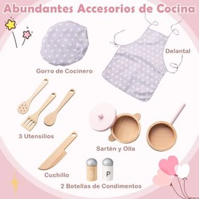 Conjunto de cozinha de brincar para crianças em madeira com luzes, sons, fogão, lava-loiça, forno e acessórios Cozinha para crianças Rosa