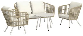 Outsunny Conjunto de Jardim em Vime Sintético de 4 Peças com Sofá de 2 Lugares 2 Poltronas 1 Mesa de Centro Creme e Madeira