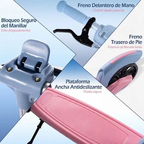 Trotinete dobrável para crianças +6 anos 2 rodas iluminadas com Guiador ajustável em 3 alturas Plataforma antiderrapante Rosa