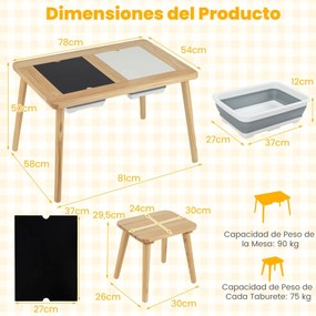 Mesa para crianças 3+ anos sensorial com bancos Superfícies duplas removíveis Baldes e pinho Natural e preto e branco