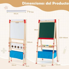 Cavalete infantil ajustável dobrável 56 x 53 x 120-145 cm dupla face com quadro branco magnético, rolo de papel, 4 copos, bandejas Natural + Vermelho