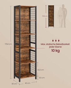 Estante com 5 prateleiras e ganchos em S 30 x 40 x 175,6 cm Castanho vintage + Preto