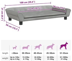 Cama para cães 100x50x21 cm veludo cinzento-claro