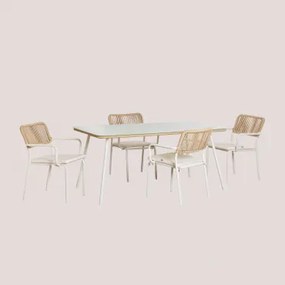 Conjunto De Mesa Retangular 160x90 Cm E 4 Cadeiras De Jardim Empilháveis Em Alumínio Arhiza Tapioca Bege - Sklum