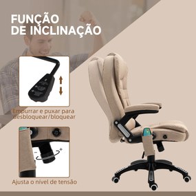 Cadeira de Escritório com 6 Pontos de Massagem Reclinável até 130° com Função de Aquecimento 68x72x110-120 cm Castanho Claro