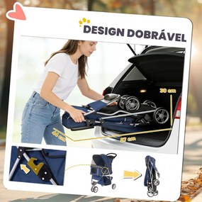 Carrinho Dobrável para Cães Pequenos até 10 kg com 3 Rodas, Capota, Cesta, Janelas em Rede e Porta-copos, Azul-Escuro