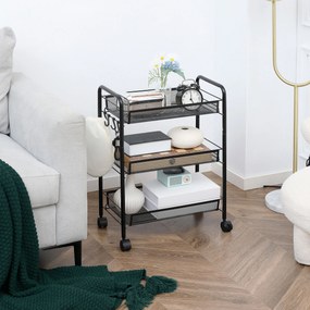 Carrinho cozinha de 3 níveis de arrumação com cestos de serviço com rodas, 45 x 26,5 x 63 cm, preto