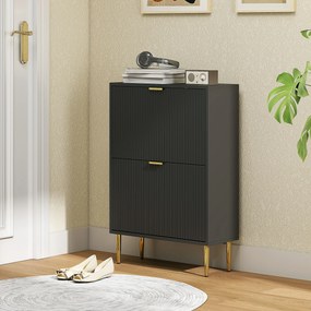 Sapateira 60 x 24 x 91,5 cm com capacidade para 12 pares, com 2 gavetas rebatíveis, portas caneladas e prateleiras ajustáveis, preto
