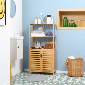 Móvel de casa de banho em bambu 60 (L) x 30 (P) x 120 (A) cm, 2 prateleiras abertas e porta dupla com ripas, natural