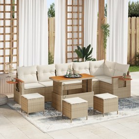 Conjunto de Sofá para Jardim com 10 Peças com Almofadas Bege Rattan Sintético Acácia