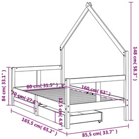 Estrutura cama infantil c/ gavetas 80x160cm pinho maciço branco