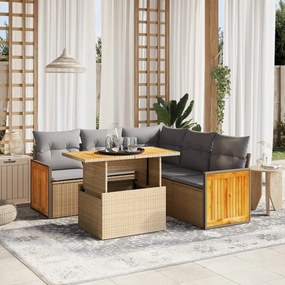 6 pcs conjunto de sofás p/ jardim com almofadões vime PE bege