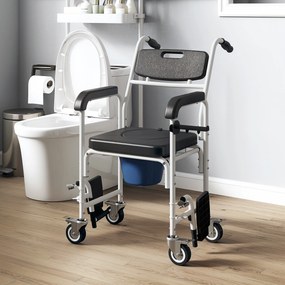 Cadeira sanitária para adultos com rodas 53 x 97 x 97 cm, cadeira sanitária para duche com apoio para os pés, encosto e braços, preta