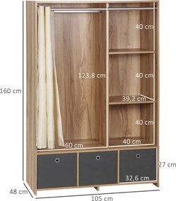 Armário de roupa, com varão para cortinas, 3 gavetas de tecido removíveis, 105 x 48 x 160 cm, natural