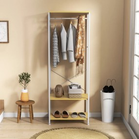 Suporte para Cabide com Barra Suspensa e 2 Estantes para 6 Pares de Sapatos para Entrada 60x40x167,5 cm Natural e Branco