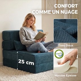 Sofá-cama dobrável 3 em 1, poltrona individual convertível em veludo acanalhado, bolsos laterais, almofada, azul