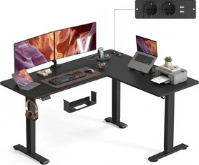 Secretária elétrica com altura ajustável, 160 x 140 x (72-120) cm, em forma de L, com tomadas, preta