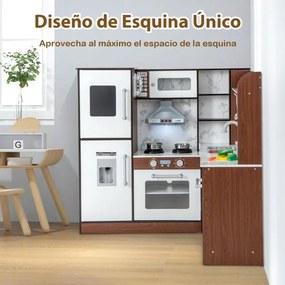 Cozinha de brincar de canto em madeira para crianças com luzes e sons, sistema de circulação de água, cortinas enroláveis e acessórios Castanho