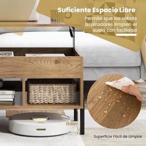 Mesa de centro com tampo elevável 100 x 50 x 45 cm, pernas de metal, compartimento oculto e 3 compartimentos abertos natura