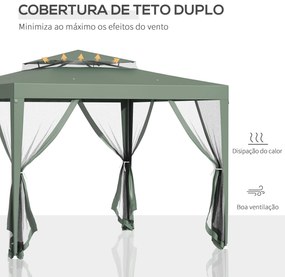Outsunny Pérgola de Jardim 3x3m Pérgola com 4 Redes Mosquiteiras Laterais com Zíper Teto de Ventilação e 8 Orifícios de Drenagem Pérgola para Terraço Pátio Exterior Verde