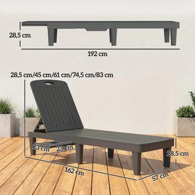 Conjunto de 2 Espreguiçadeiras Reclináveis de Plástico PP com Bandeja Lateral Encosto Ajustável em 5 Posições 192x57x28,5 cm Cinzento