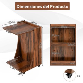 Mesa lateral móvel em forma de C com prateleira aberta 2 níveis para sala de estar quarto 42,5 x 38 x 67 cm Castanho
