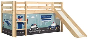Cama alta de Criança PINO 90 x 200 cm + estrado + escada + escorrega + cortina Policia Natural