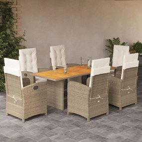 vidaXL 7 pcs conjunto de jantar p/ jardim com almofadões vime PE bege