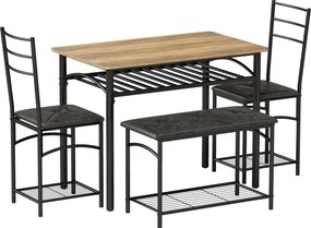 HOMCOM Conjunto de jantar 4 peças, mesa de cozinha industrial com 2 cadeiras e banco para 4 pessoas, assentos estofados em couro PU, castanho | Aosom Portugal