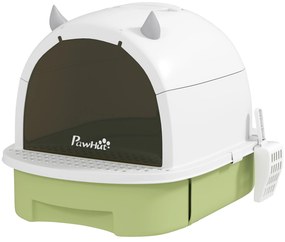 PawHut Caixa de Areia para Gatos Fechada com Tampa e Bandeja Amovíveis Filtro de Carvão e Pá 40,5x52x39 cm Branco e Verde | Aosom Portugal