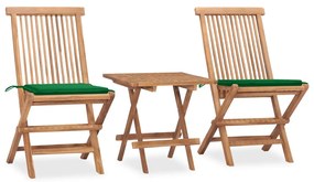 vidaXL 3 pcs conj. jantar dobrável exterior c/ almofadão teca maciça
