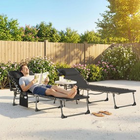 Conjunto de 2 Espreguiçadeiras Jardim Dobráveis com Apoio de Cabeça e Encosto Reclinável em 5 Posições 200x57x38 cm Preto