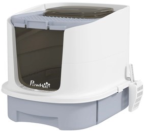 PawHut Caixa de Areia para Gatos Fechada com Entrada Frontal Saída Superior Tampa Amovível Bandeja e Pá 40,5x52,5x42,5 cm Branco e Cinza | Aosom Portugal