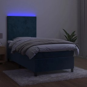 Cama box spring c/ colchão/LED 100x200 cm veludo azul-escuro