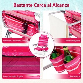 Conjunto de 3 peças: mesa e cadeiras de praia com cadeiras reclináveis, mesa dobrável em alumínio e mochila com 5 posições, com riscas cor-de-rosa