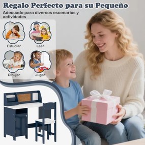 Conjunto de Secretaria e cadeira para crianças com quadro negro, marcador, prateleira e armário de armazenamento Azul