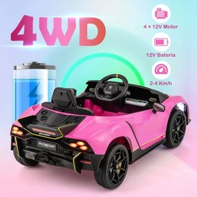 Carro Elétrico a Bateria 12V 4WD para Crianças com Controlo Remoto Luzes LED Som 3 Velocidades Rosa