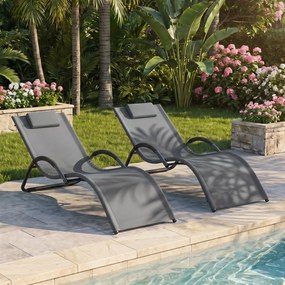 Conjunto de 2 espreguiçadeiras de exterior com estrutura curva, encosto de cabeça removível e apoios de braços ergonómicos para jardim, ou praia, cinz