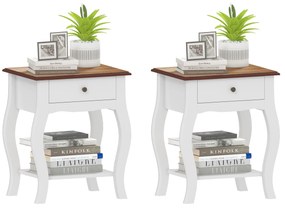 Conjunto de 2 Mesas de Cabeceira com Gaveta Estante Aberto e Bancada Efeito Carvalho Estilo Francês 45x35x55 cm Branco e Carvalho