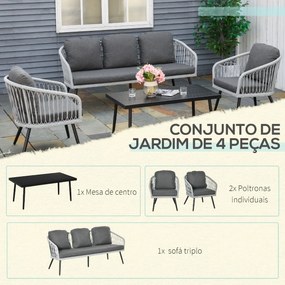 Conjunto de Móveis de Vime Conjunto de Móveis de Jardim 4 Peças Mesa de Centro de Alumínio Sofá 3 Lugares e 2 Poltronas com Almofadas para Terraço Ext