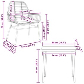 Conjunto jantar jardim 3 peças almofadas vidro vime PE castanho