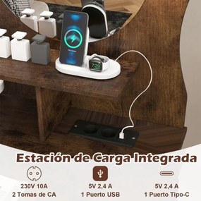 Toucador com espelho e luzes 80 x 50 x 150 cm em forma de gatinho com 3 modos de iluminação e brilho ajustável e 2 gavetas Castanho