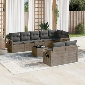 9 pcs conjunto sofás p/ jardim com almofadões vime PE cinzento