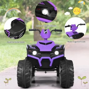 Moto 4 elétrica ATV para crianças, mota com bateria removível, marcha atrás, alta velocidade, com música, luzes LED Roxa
