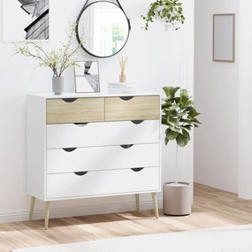 Cómoda com 5 Gavetas Cómoda de Quarto com Pés de Madeira Estilo Nórdico 99x39x101 cm Branco e Carvalho