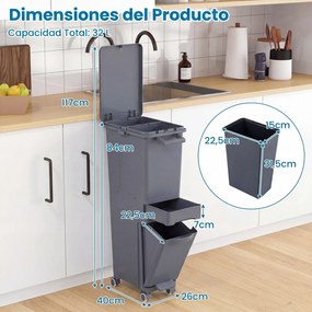Caixote do lixo multifuncional 36 x 25 x 84 cm com pedal, base inclinável, gaveta com 2 compartimentos e autocolantes de classificação para cozinha e